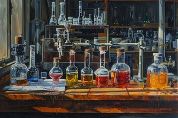 Frontal view, oil painting of a lab experiment, warm light casting shadows on classic lab apparatus, rich textures on wood and metal surfaces, vivid colors in liquid vials, timeless and elegant