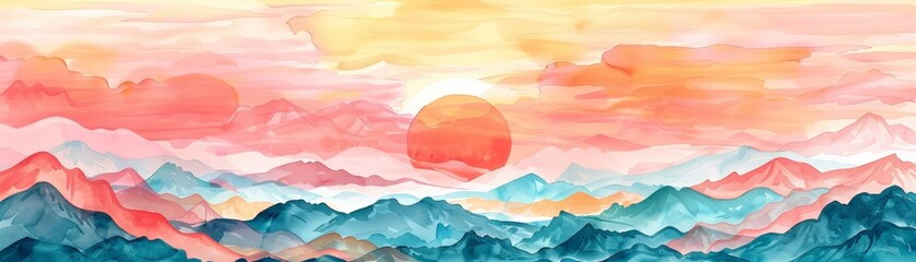 Sunrise over cancer battle flat design top view, perseverance theme, watercolor, triadic color scheme