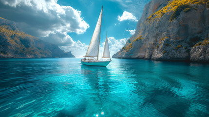 A white sailing yacht on turquoise, blue, clear water