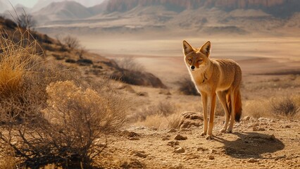 A wolf in the desert life amidst seemingly barren landscapes.