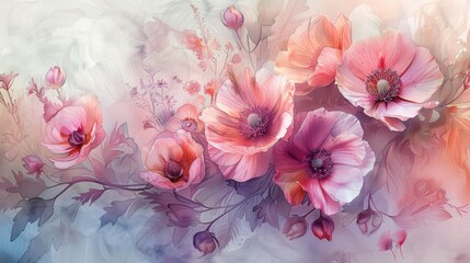 The image is a watercolor painting of pink and purple flowers