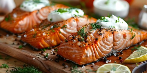 Closeup of cooked salmon filet with sour cream and dill. Concept Food Photography, Close-up Shots, Seafood Dish, Cooking Presentation