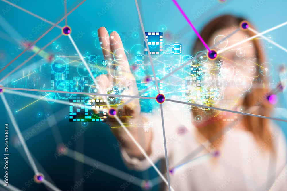 Poster Neural network 3D illustration. Big data and cybersecurity - 3d