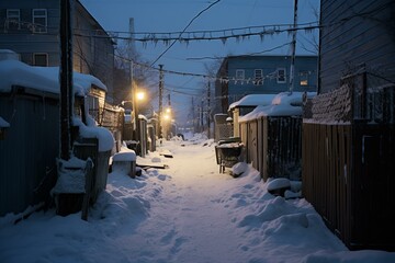 Fototapeta premium An alleyway covered with snow at dusk, illuminated by warm streetlights