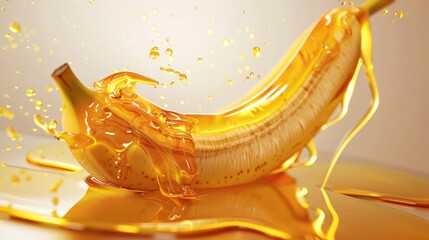 Eye-level angle, hyper-detailed 3D rendering of a honey banana, viscous honey flowing over a peeled banana, realistic textures, high contrast, soft shadowing, minimalistic backdrop