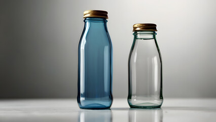 Two water bottles made of blue glass and clear glass stand on a white neutral background with a mirror surface