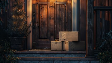 Stack of cardboard delivery boxes on a doormat by a dark wooden door.