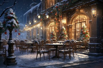 Snowy scene of a charming cafe terrace adorned with christmas decorations under a night sky