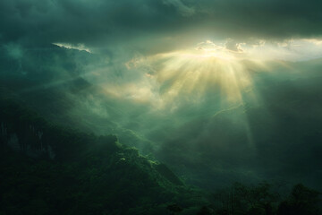 Sun rays breaking through the clouds over the mountain range
