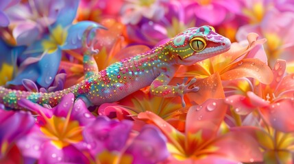 an eagle gecko with petals of every color of the rainbow, resembling a beautiful flower garden
