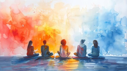 The image shows a group of diverse women sitting in a circle on a beach, with a bright, colorful sky behind them