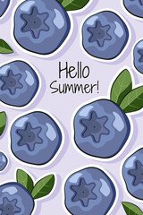 Hello summer. Colorful postcard, banner, poster template with blueberries fruit. Vector illustration