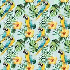 Macaw yellow flower mint green summer vintages leaf fairy tale fabric pattern seamless beautiful fashionable textile background 