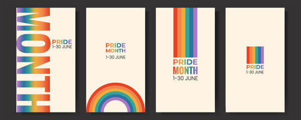 Set of LGBTQ pride month vertical banner, card, poster template with rainbow flag. Gay parade celebration. Vector illustration on beige background