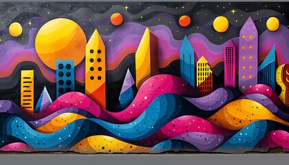 Abstract urban cityscape with vibrant colors and geometric shapes.