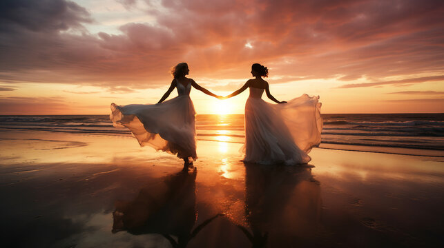 Radiant Brides Embracing Happiness in Sunset Beach Dance, Graceful Woman's Silhouette in Scenic Twilight.