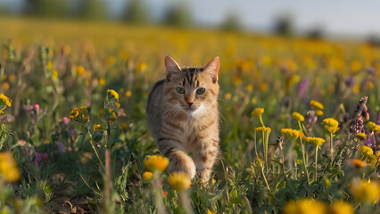 The cat runs across the clearing. A striped red-gray cat with green eyes runs through a field of yellow blooming flowers