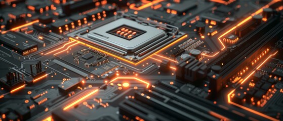 Obraz premium Microchip with glowing highlights on a hightech motherboard