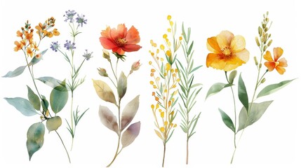 The image shows a watercolor painting of various flowers and leaves