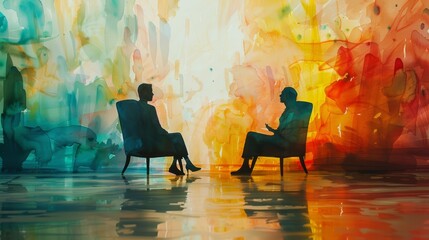 The image shows two people sitting on chairs in a colorful room, talking to each other.