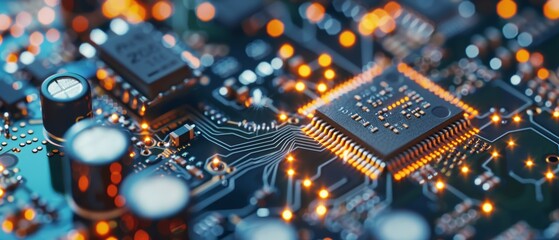 Fototapeta premium Microchip with glowing effect on a sophisticated electronic board