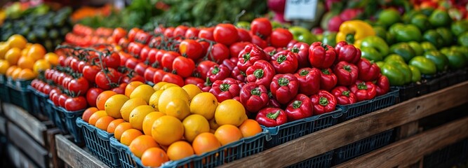 fresh vegetable, bell pepper , lemon and tomato array stack on shelf at fresh vegetable market