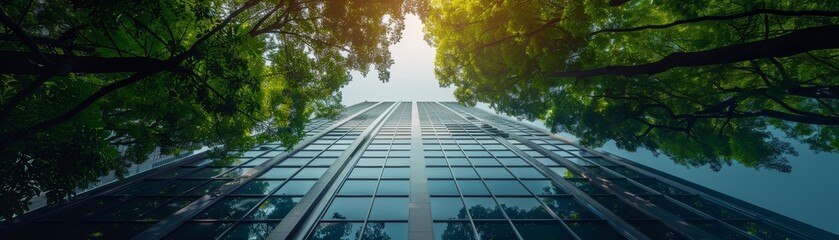 The photo shows a modern glass skyscraper with green plants growing on its facade. The plants help to improve the air quality and provide a natural aesthetic.