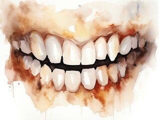 Watercolor painting of a vibrant smiling mouth, showcasing bright white teeth against a colorful artistic background.
