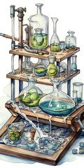Intricate scientific laboratory setup with multiple glass flasks and pipes, featuring organic elements. Ideal for scientific and educational use.