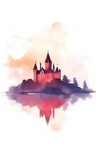 Watercolor painting of a fairytale castle reflected in water, surrounded by a dreamy landscape, and a warm, pastel color palette.