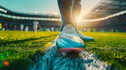 a striking close-up photograph of the realistic shoes of a soccer player standing at the starting line