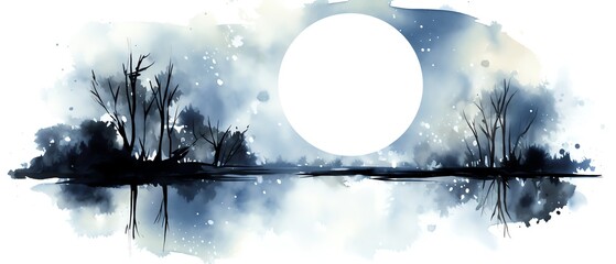 Serene moonlit landscape watercolor painting with reflective lake and silhouetted trees, evoking tranquility and night-time beauty.