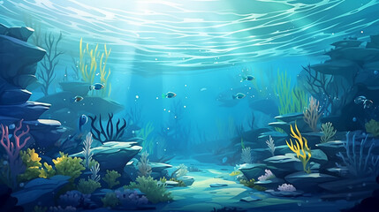 Tranquil Underwater World with Seaweeds - Panoramic Seascape Vector Illustration