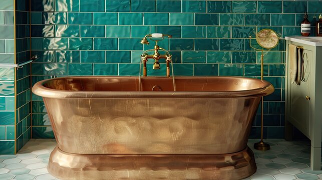 luxurious bathroom with a freestanding copper tub, teal subway tiles, and vintage brass fixtures for a classic yet modern look