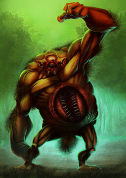 Mapinguari (creature from Brazilian folklore) is a gigantic being that has a mouth on its belly and is sometimes described as a giant sloth.