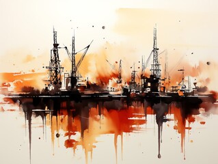 Abstract watercolor painting depicting oil drilling rigs with vivid orange and black splashes, reflecting heavy industry elements.