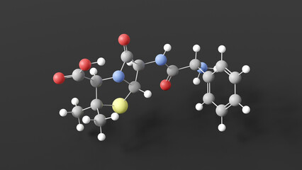 ampicillin molecular structure, antibiotic, ball and stick 3d model, structural chemical formula with colored atoms