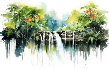 Vibrant watercolor painting of a tropical waterfall surrounded by lush greenery and colorful flowers, perfect for nature and art themes.