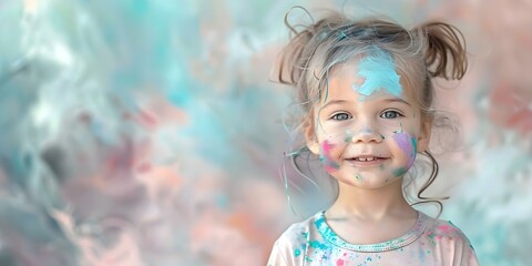 Fototapeta premium Blissful child adorned in vibrant paint exuding sheer joy and imagination. Concept Joyful Portraits, Colorful Props, Playful Poses, Imagination, Outdoor Photoshoot
