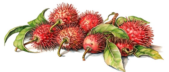 Hand-drawn illustration of ripe rambutan fruits with green leaves on a white background. The red, spiky exterior contrasts with the foliage.