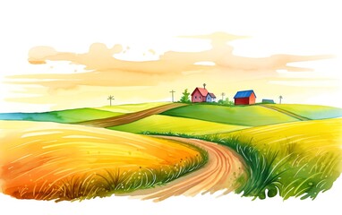 Scenic countryside landscape with fields, a winding dirt road, and a farmhouse at sunrise, depicted in a colorful watercolor style.