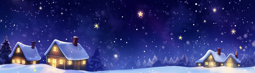 Cozy winter night in a snow-covered village with starry sky, warm lights in houses, and serene atmosphere, perfect for holiday and winter themes.