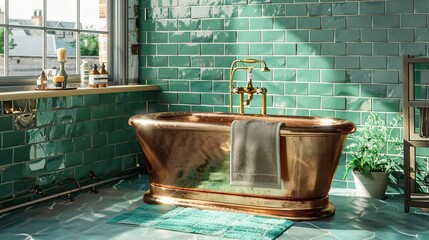 luxurious bathroom with a freestanding copper tub, teal subway tiles, and vintage brass fixtures for a classic yet modern look