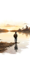 Serene watercolor illustration of a lone figure at the lakeside during sunset, evoking peace and solitude in a tranquil natural setting.