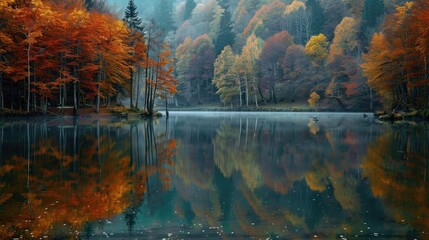 A serene lake reflecting an autumn forest.