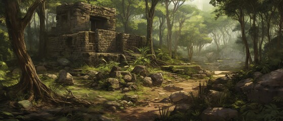 Ancient stone ruins in a serene forest landscape, showcasing nature reclaiming its land amidst lush greenery and dappled sunlight.