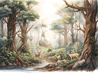 Serene forest scene with gentle stream, lush greenery, and deer grazing peacefully under sunlit canopy.