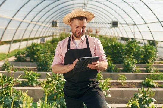 Digital tablet in hand. Man in greenhouse is working with plants