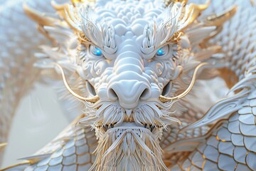 a white dragon statue with gold accents