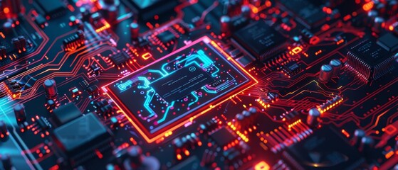 Fototapeta premium Detailed view of a highlighted microchip on an electronic motherboard